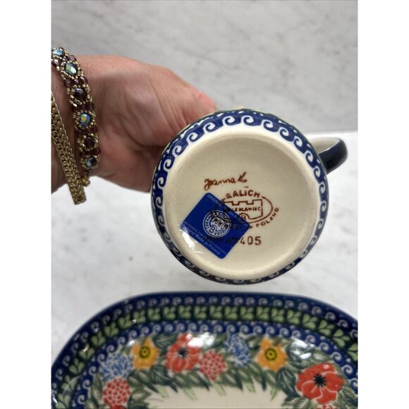 Unikat Polish Pottery Floral Creamer Pitcher And Honey Jar On Serving Tray - Picture 6 of 11